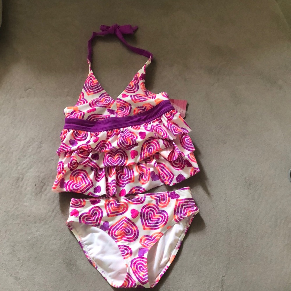 Joe Box 2 Piece Swim Suit Girls 10/12 Large Pink Purple White Ruffles Halter NWT